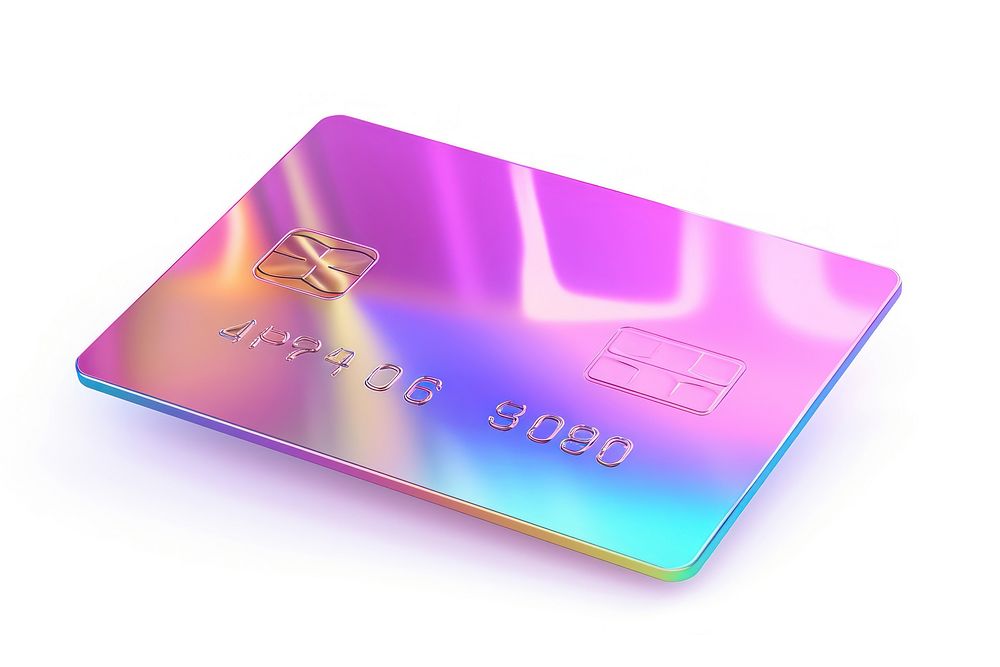 Credit card iridescent text white background electronics.