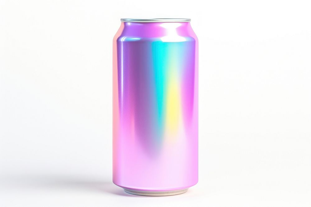 Soda can iridescent white background refreshment drinkware.