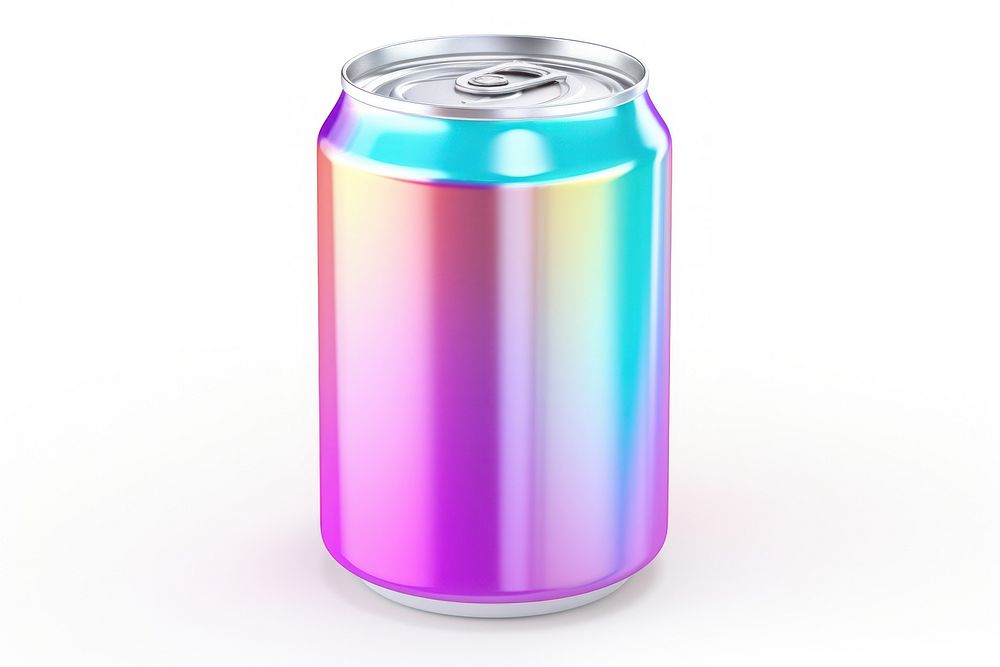 Soda can iridescent white background refreshment container.
