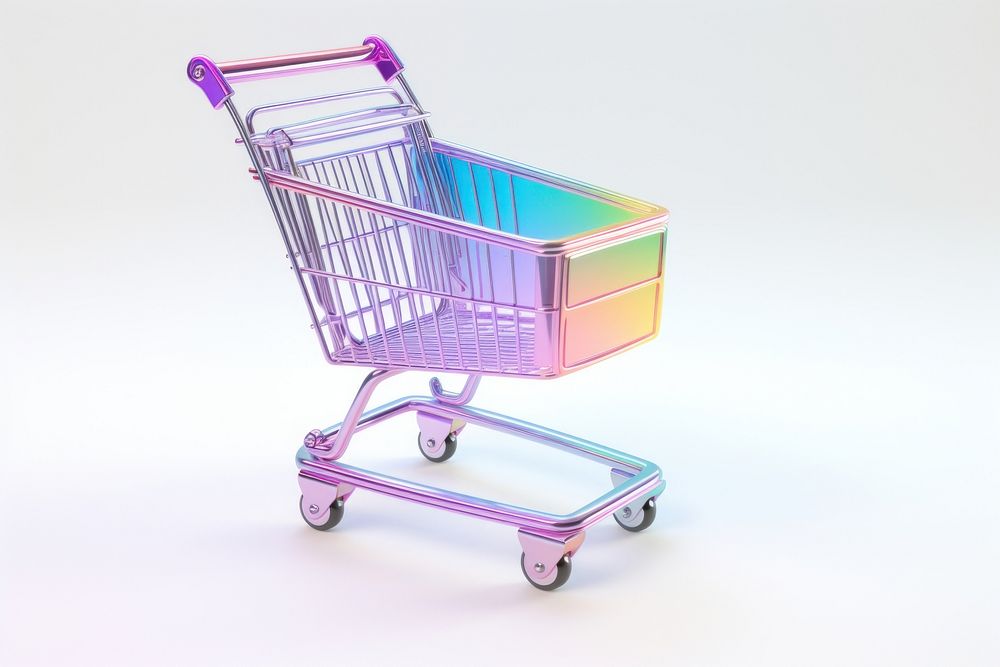 Shopping cart symbol iridescent white background consumerism supermarket.