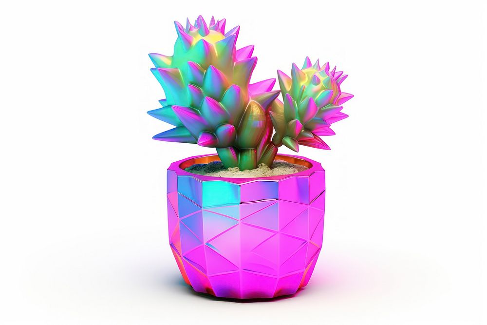 Potted cactus iridescent purple plant white background.
