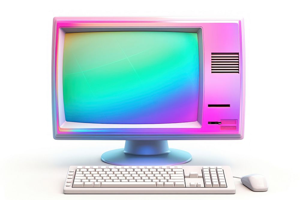 Retro computer iridescent screen white background electronics.