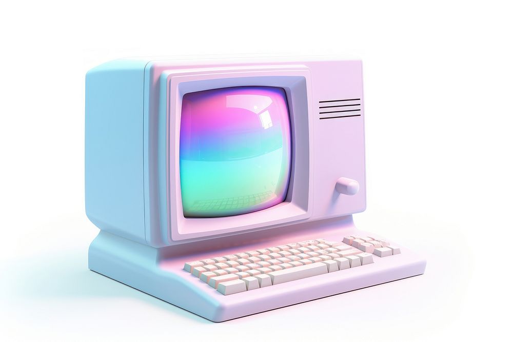 Retro computer iridescent white background electronics television.