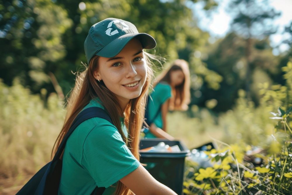 Teen volunteer staff outdoors nature green.