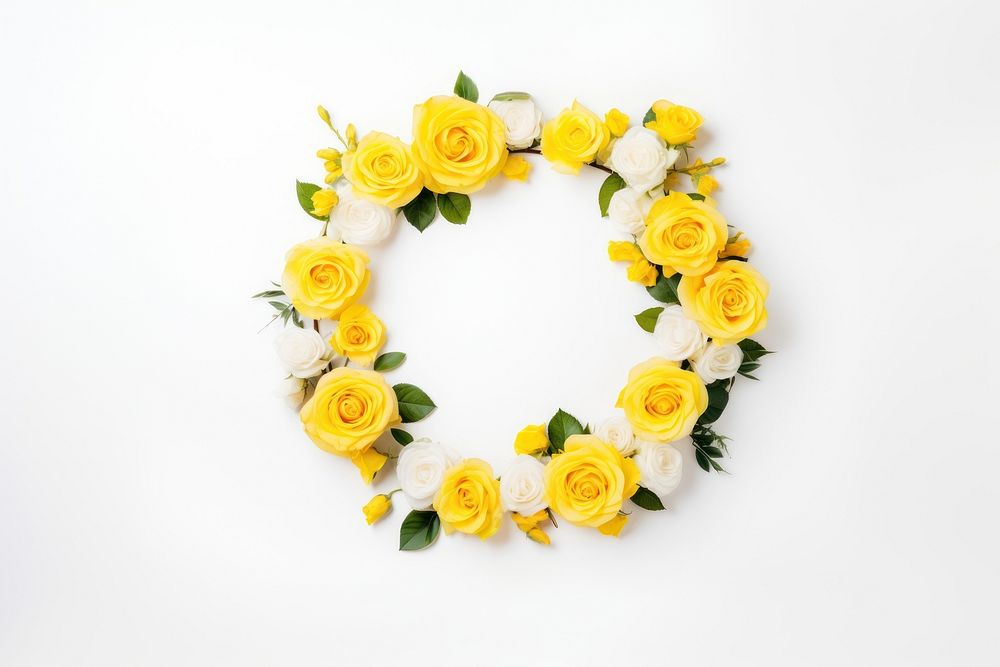 Circle frame spring flowers yellow roses petal plant white background.