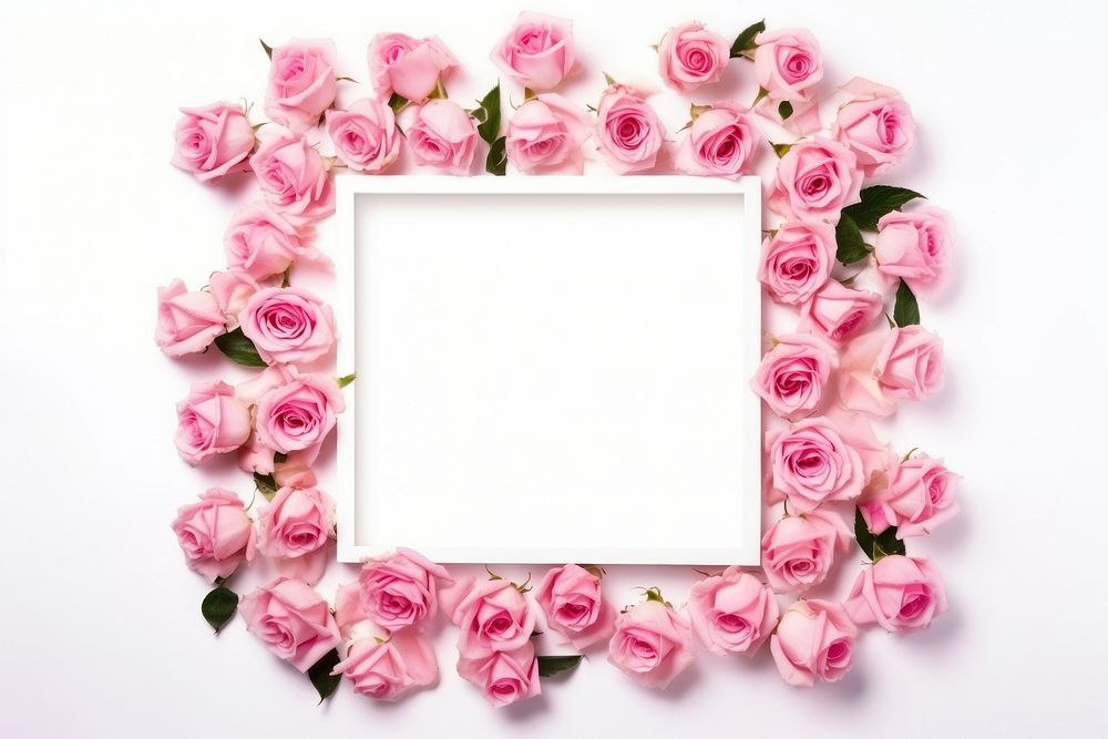 Square shape frame floral plue roses flower plant white background.