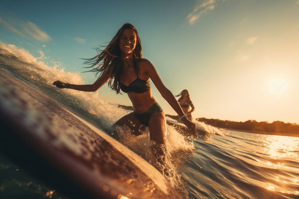 Young women wearing bodysuit on surfboard during a wave in the sea swimwear outdoors surfing.