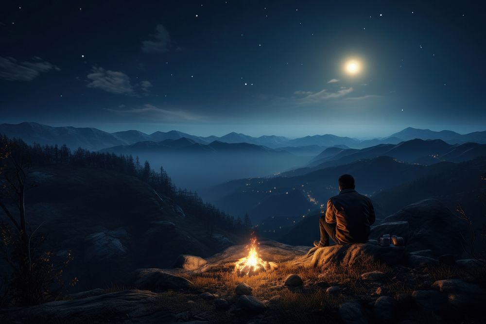  Camping on the mountain bonfire night moon. AI generated Image by rawpixel.