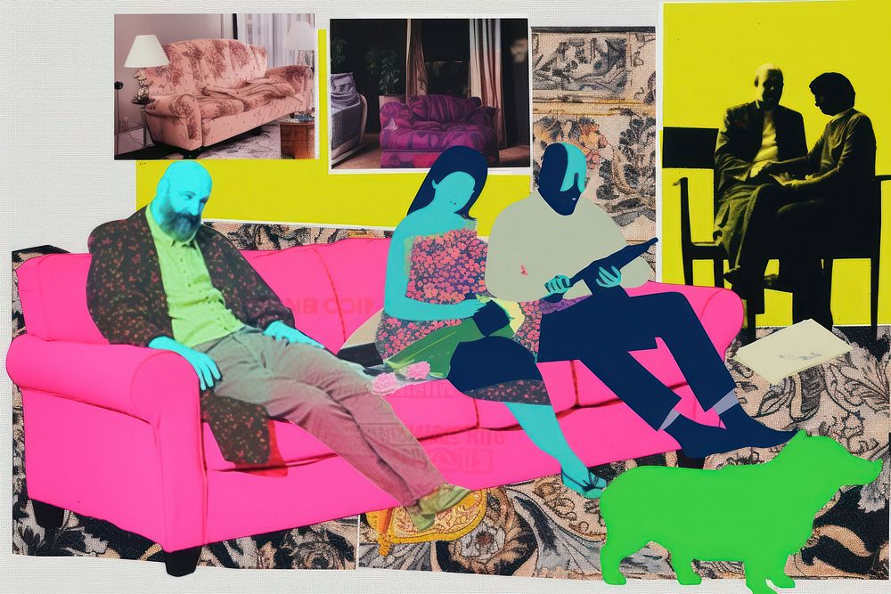 A family sitting on a couch collage art architecture.