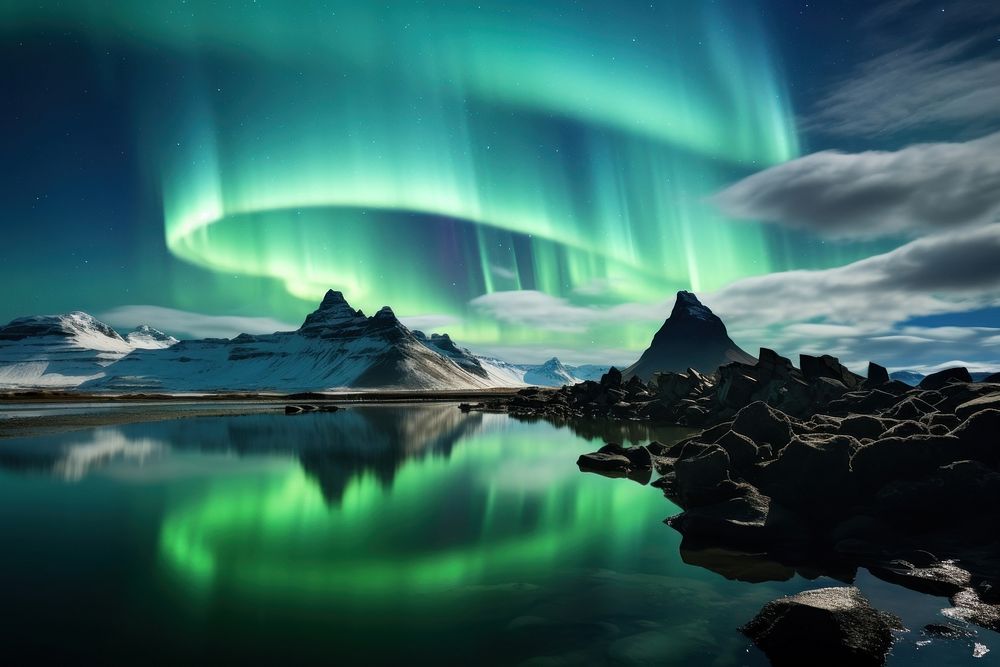 Northern light over the lagoon in Iceland landscape outdoors nature. AI generated Image by rawpixel.