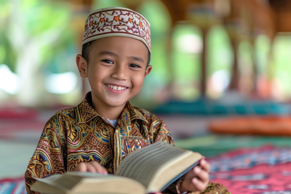 Asian Indonesian Muslim boy sitting and reading Quran in mosque publication smiling smile. 