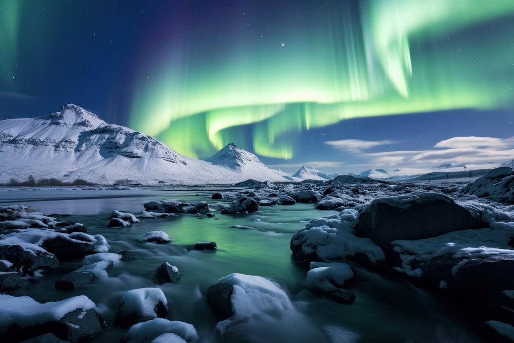 Aurora Borealis in the Iceland ice landscape outdoors. AI generated Image by rawpixel.