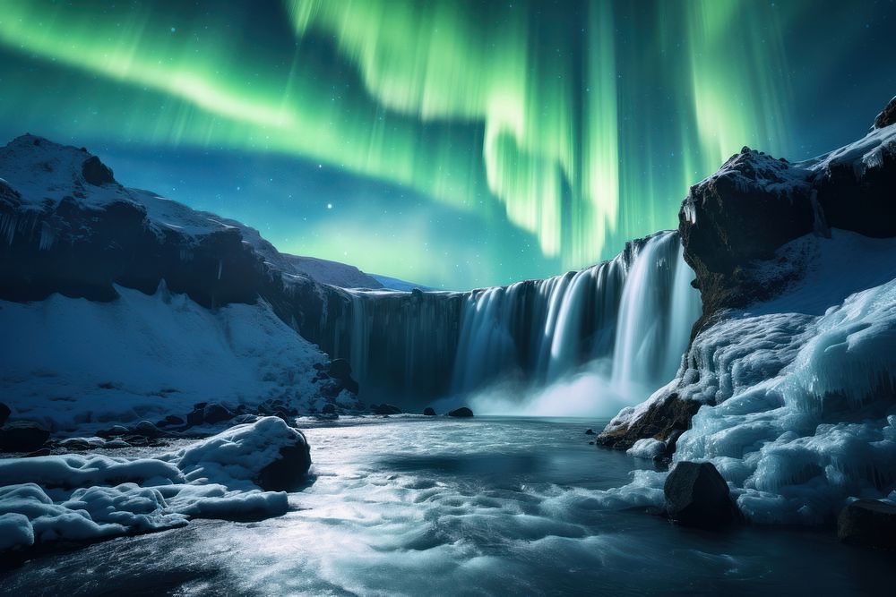  Aurora in Iceland landscape waterfall outdoors. AI generated Image by rawpixel.