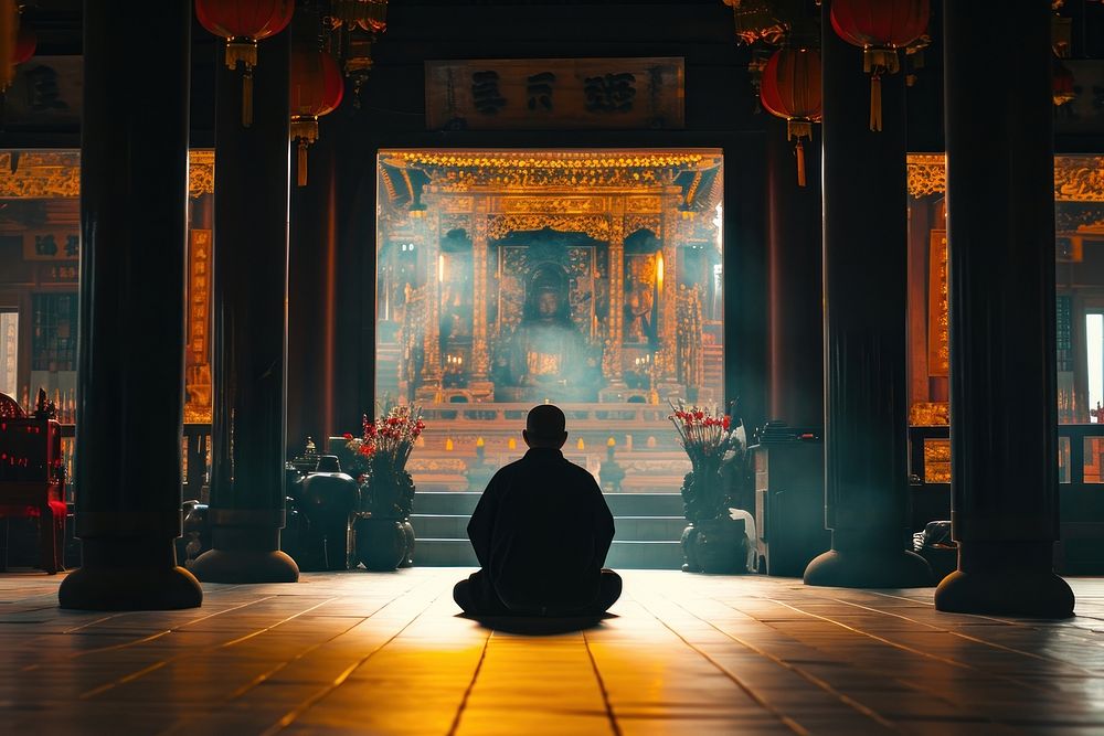 Buddhist priest kneeling in the temple adult spirituality cross-legged. AI generated Image by rawpixel.