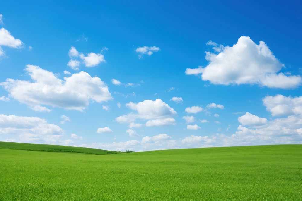  Green field with blue sky outdoors horizon nature. AI generated Image by rawpixel.