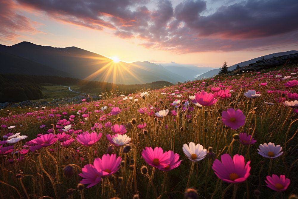  Flower meadow mountain in the background landscape grassland sunlight. AI generated Image by rawpixel.