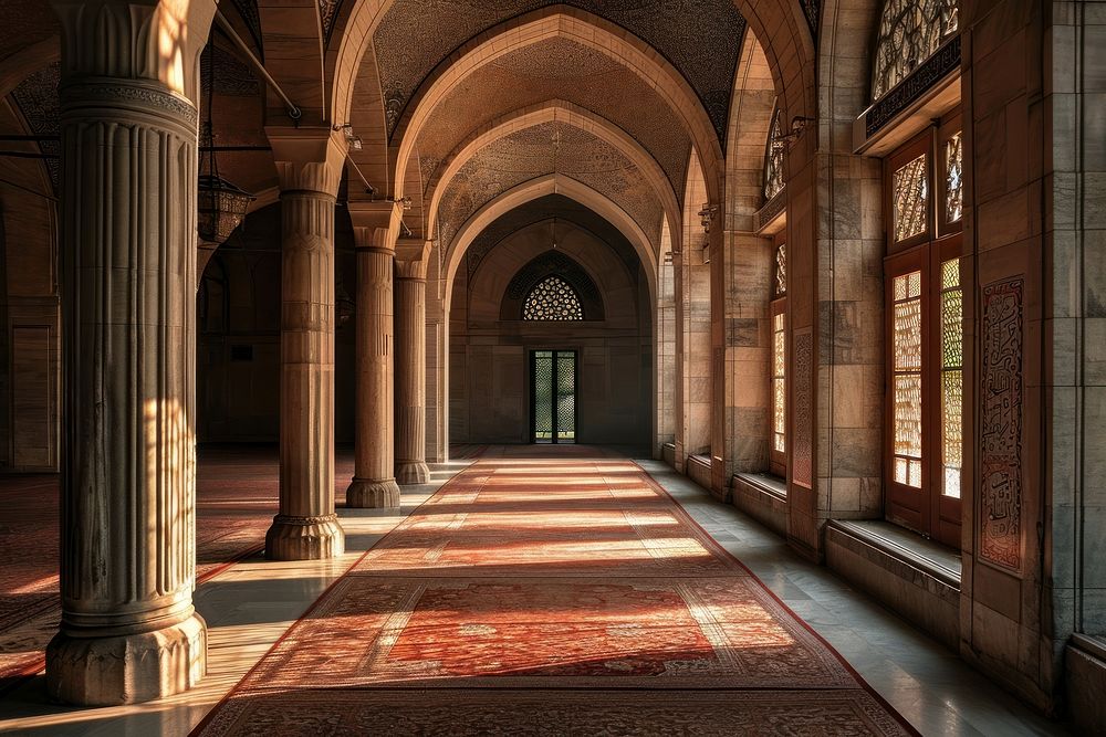 Interior in the Mosque architecture building corridor. AI generated Image by rawpixel.