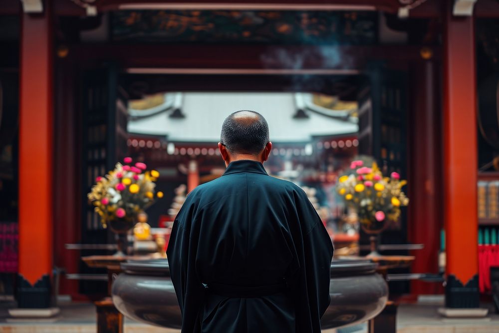 Japanese man praying in the temple adult spirituality architecture. AI generated Image by rawpixel.