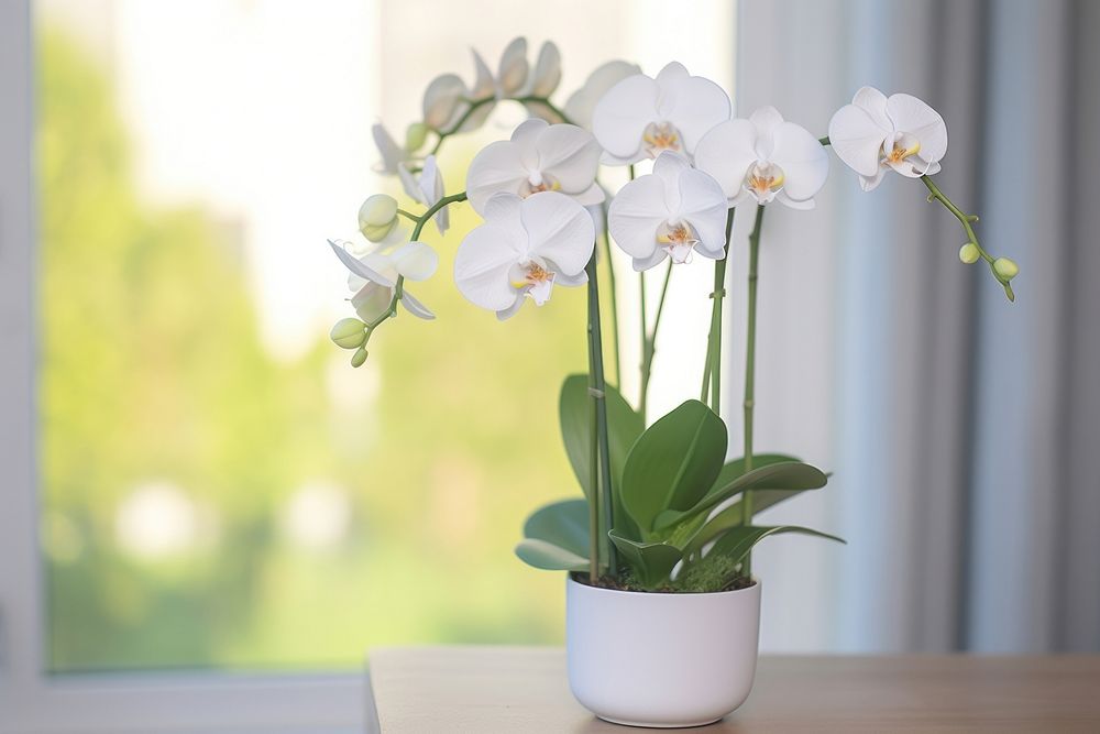Orchid flower white pot windowsill arrangement houseplant inflorescence decoration flowerpot. AI generated Image by rawpixel.