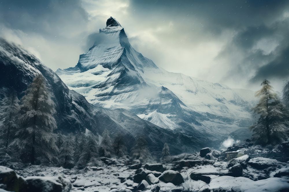  Landscape mountain with snow falling outdoors glacier nature. AI generated Image by rawpixel.