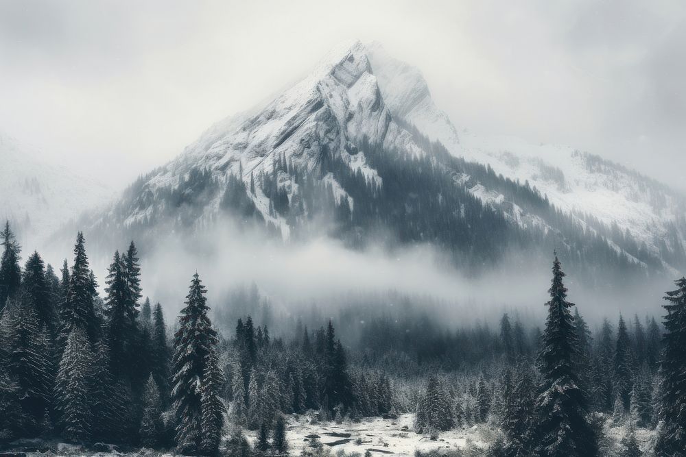  Landscape mountain with snow falling outdoors nature forest. AI generated Image by rawpixel.