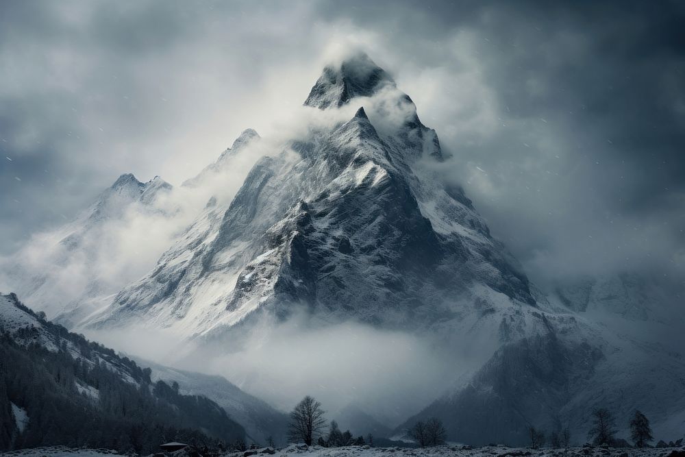  Landscape mountain with snow falling outdoors nature tranquility. AI generated Image by rawpixel.