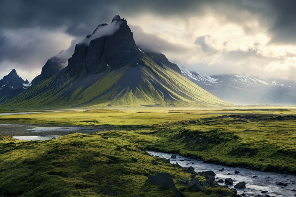  Mountain landscape in Iceland grassland panoramic outdoors. AI generated Image by rawpixel.