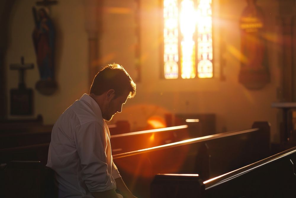 Man praying in the church adult concentration spirituality. AI generated Image by rawpixel.