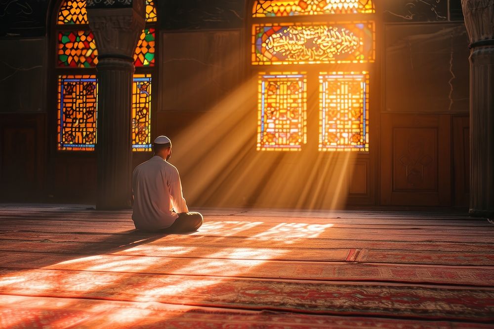 Muslim man sitting and praying in Mosque adult spirituality architecture. 