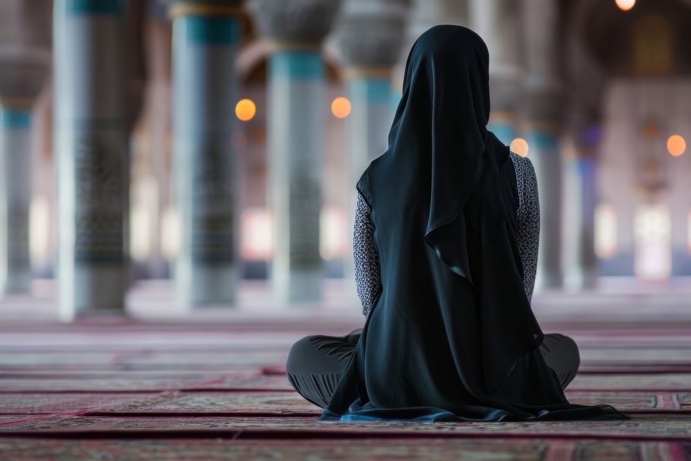 Muslim woman sitting and praying in Mosque adult spirituality architecture. AI generated Image by rawpixel.