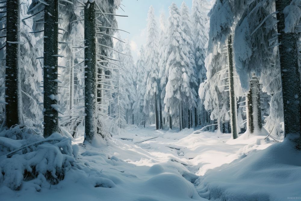  Snow forest landscape panoramic outdoors. 