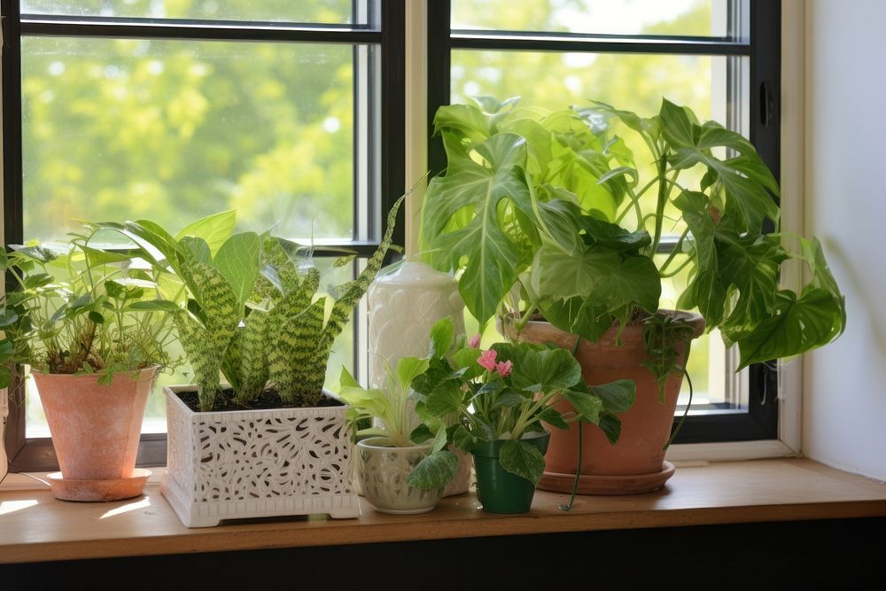 Plants windowsill arrangement houseplant terracotta flowerpot container. AI generated Image by rawpixel.