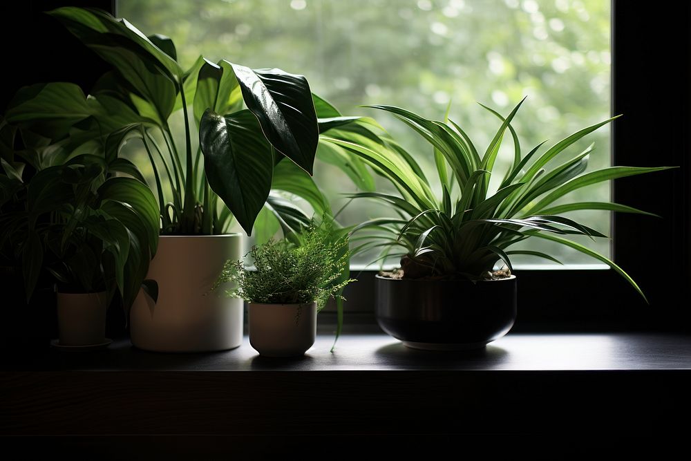 Plants windowsill arrangement houseplant freshness flowerpot darkness. AI generated Image by rawpixel.