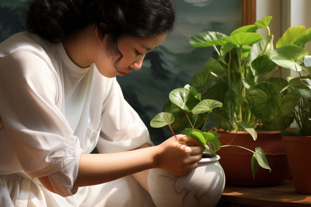 Woman tending and caring for her plants flower adult woman. AI generated Image by rawpixel.