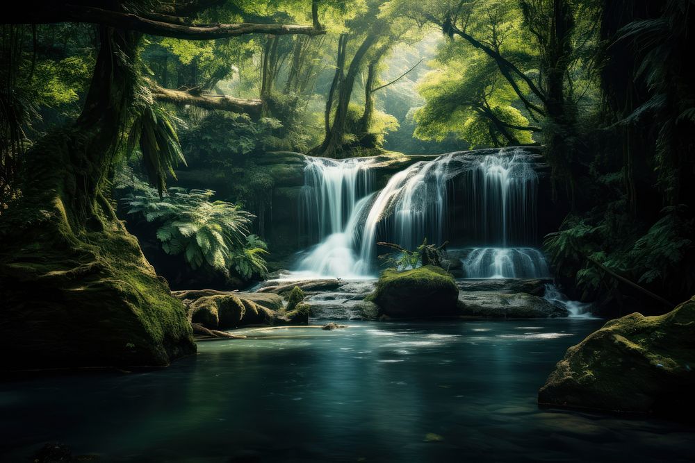  Waterfall in the forest landscape outdoors woodland. 