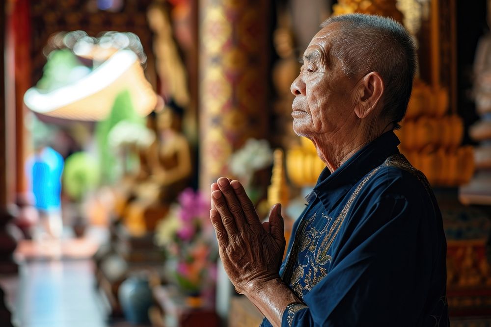 Thai man praying in the temple in Thailand adult contemplation spirituality. AI generated Image by rawpixel.