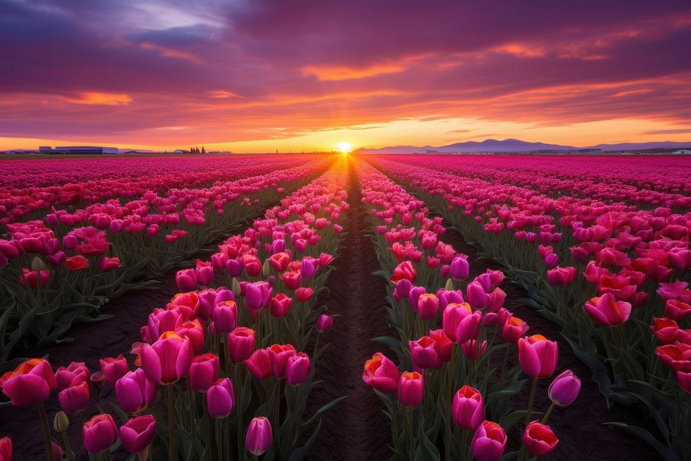  Tulip meadow in the sunset landscape outdoors blossom. AI generated Image by rawpixel.
