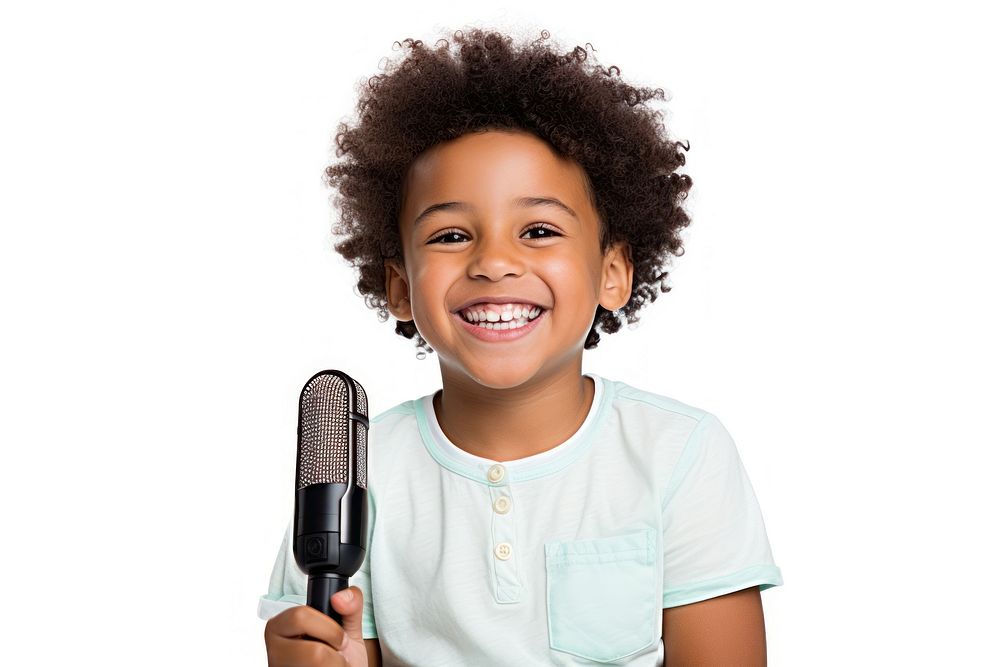 African American happy kid with book on his lap microphone portrait smile. AI generated Image by rawpixel.