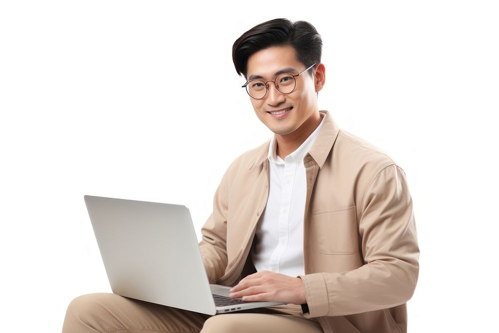 Happy Asian man with laptop on her lap sitting computer glasses. AI generated Image by rawpixel.