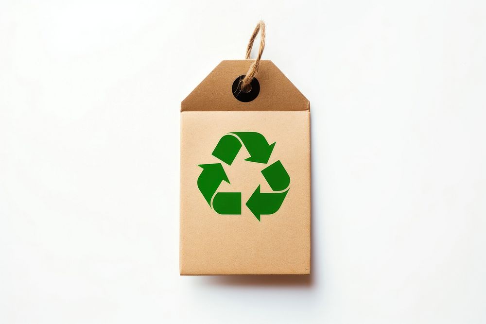 Price tag paper label with recycle icon on the front green white background cardboard.