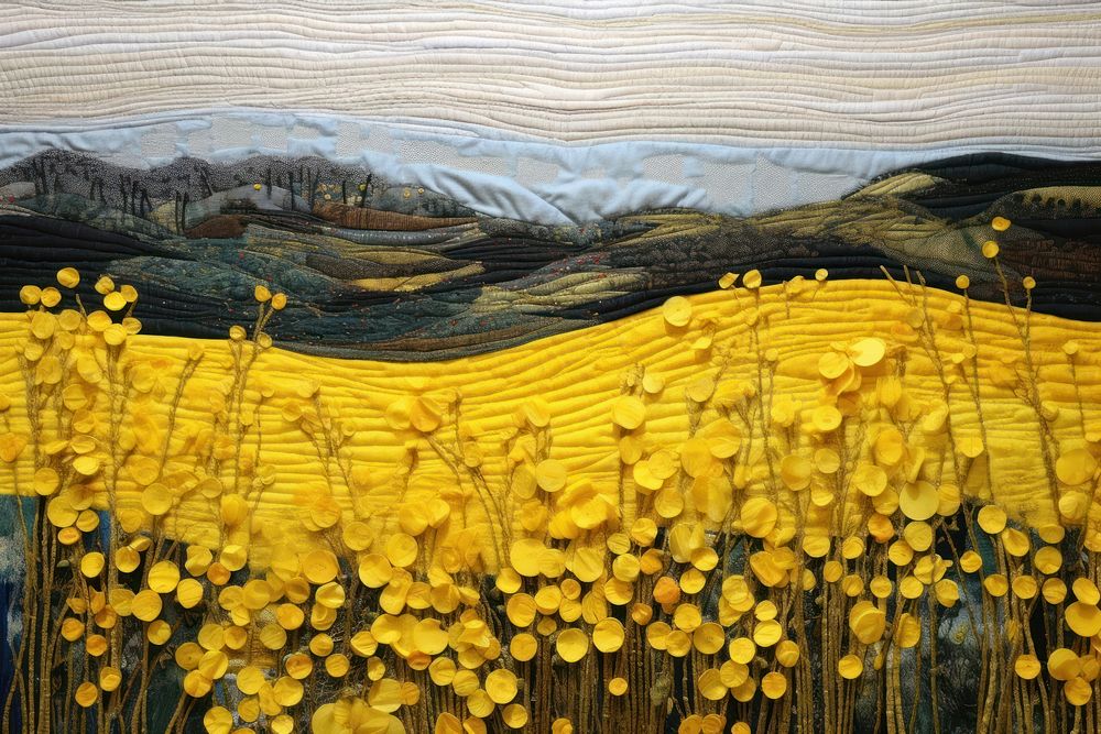 Yellow flower filed landscape outdoors painting.