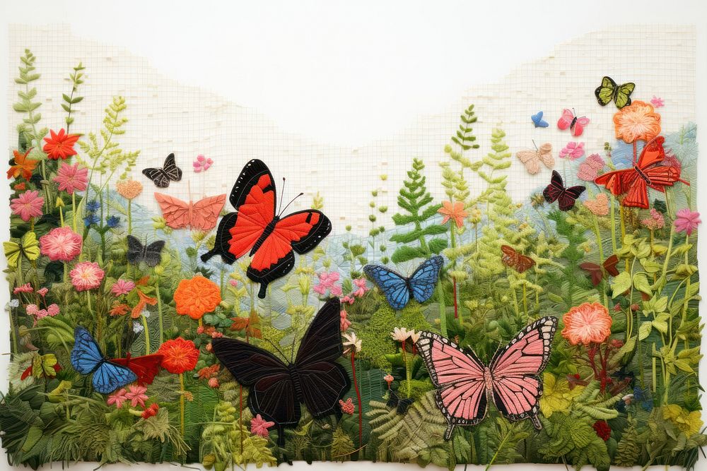 Butterfly garden needlework textile insect.