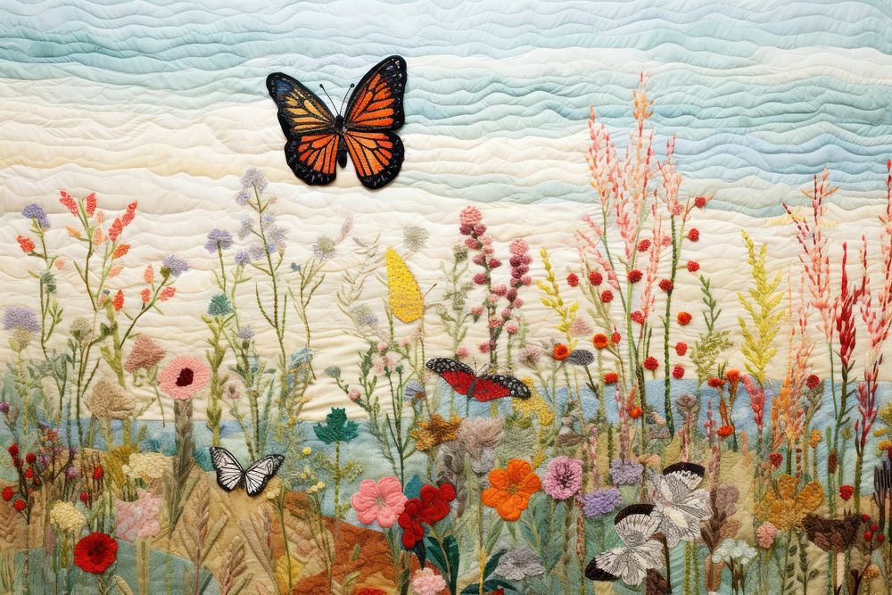 Butterfly garden needlework painting textile.