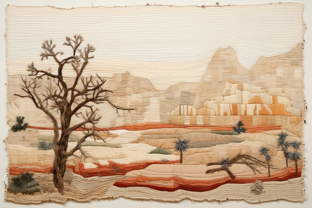 Desert needlework landscape tapestry.