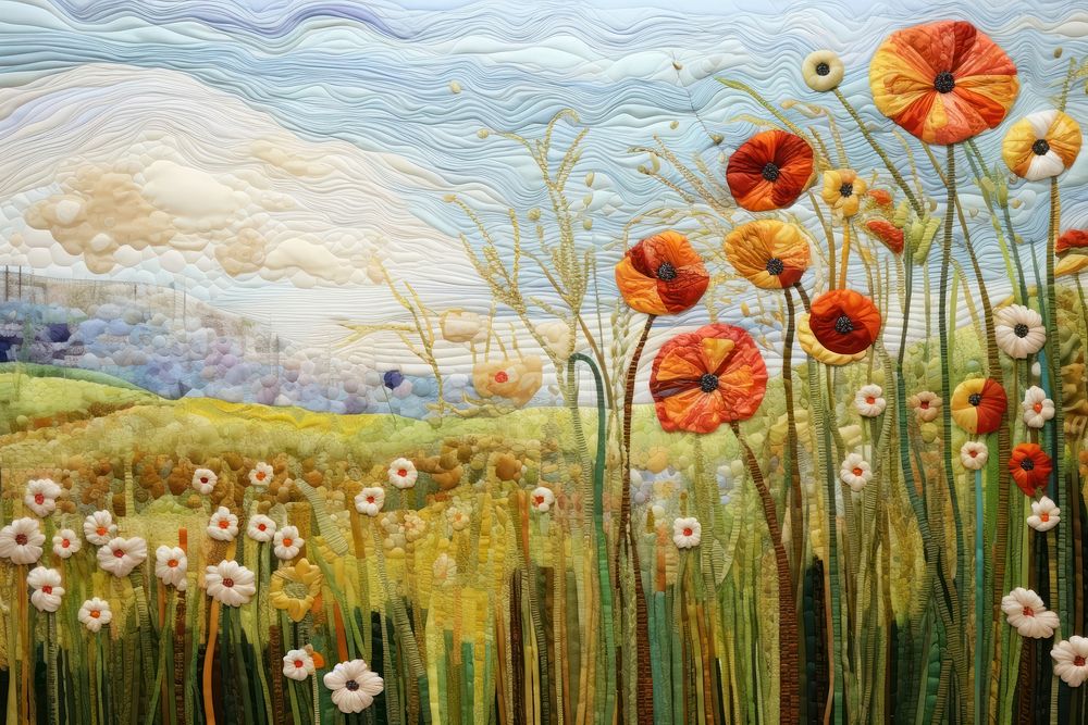 Flower field on sky landscape painting plant.