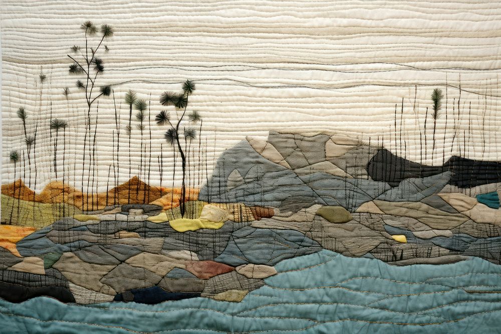 Lake textile quilt land.