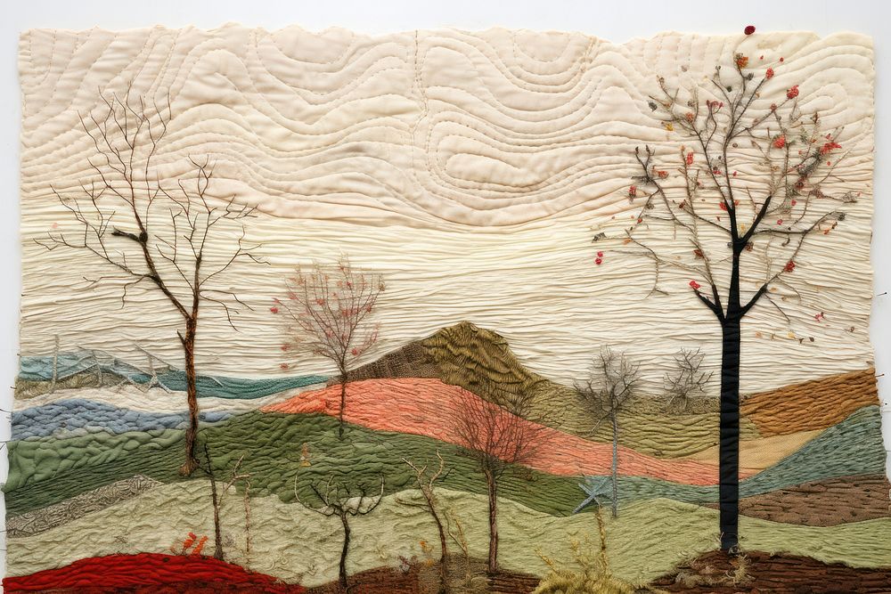 Seasons landscape painting textile.