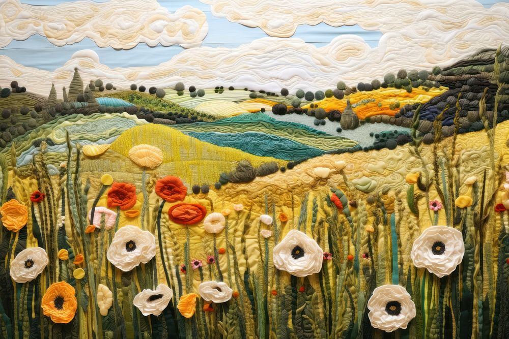 Summer flower field landscape painting pattern.