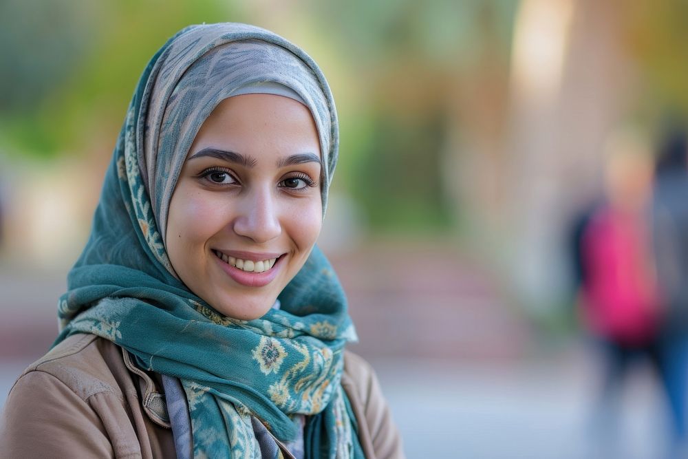 Muslim woman college student at the university portrait smiling scarf. AI generated Image by rawpixel.