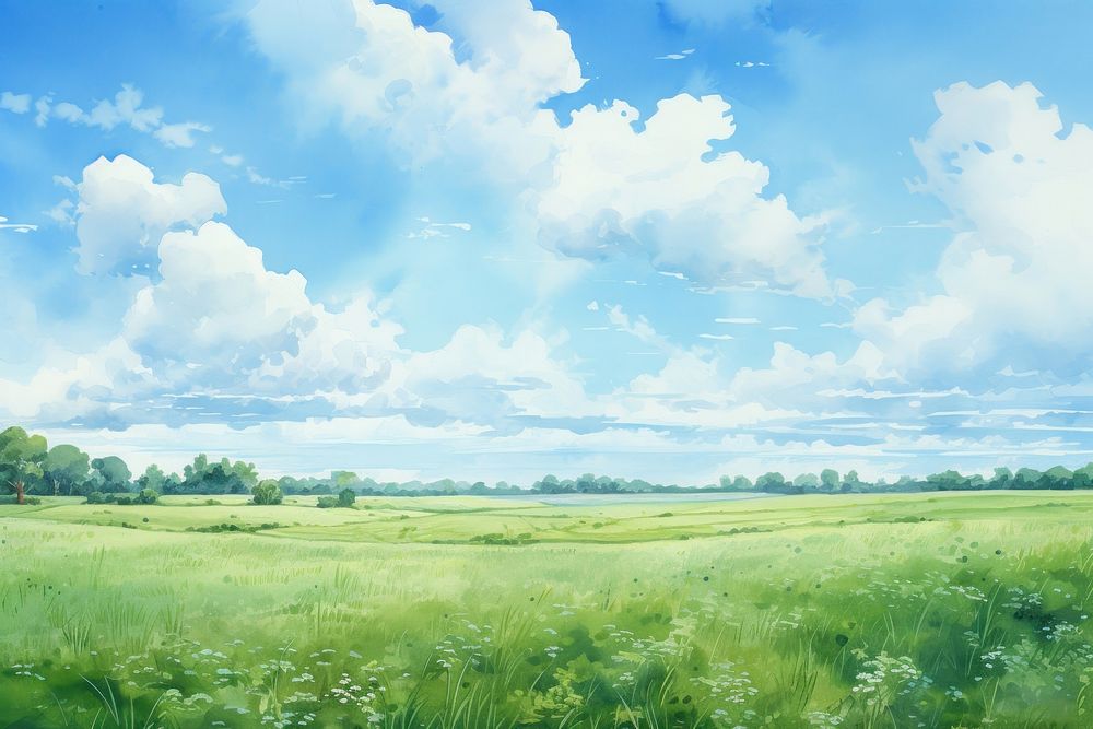  Green field with blue sky landscape grassland outdoors. AI generated Image by rawpixel.